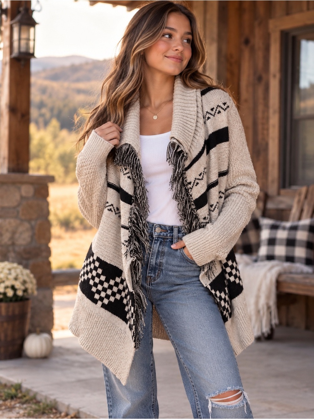 abercrombie kids Cream and Black Fringe Knit Cardigan